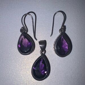 Vintage Purple Amethyst Sterling Silver Teardrop Dangle Earrings & Pendant Set
